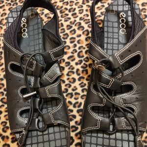 Ecco Black Leather Casual Lace-Up Sandals Sz 40/9